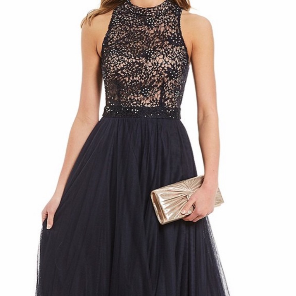 Jodi Kristopher mock neck embroidered ball gown